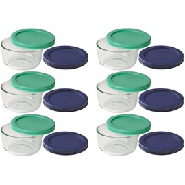 Pyrex Storage 1 Cup Round Dish, Clear with Green + Blue Lids, Pack of 6, with Green & Blue