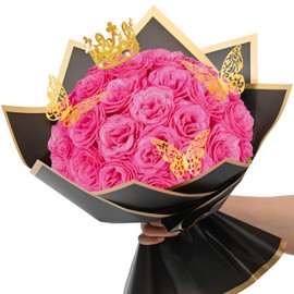 Waipfaru Glitter Roses Bouquet, DIY Fake Flowers Bouquet, Birthday Gifts for Women Mom, 24 Pcs Hot Pink Rose for Wife Girlfriend Valentines, Mothers Day, Anniversary, Graduation