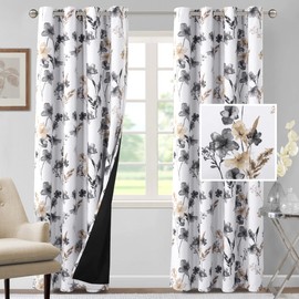 H.VERSAILTEX 100% Blackout Curtains 96 inch Length 2 Panels Set Cattleya Floral Printed Drapes Leah Floral Thermal Curtains for Bedroom with Black Liner Sound Proof Curtains, Grey and Taupe