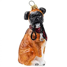 Joy To The World Boxer with Floppy Ears and Leash Polish Glass Christmas Ornament