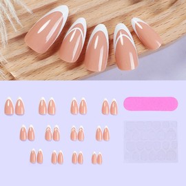 White French Press on Nails Medium Almond QUNQINLI False Nails Nude Acrylic Fake Nails Press Ons with Glossy Gel Glue on Nails Small Stick on Nails for Women Girls 24 Pcs
