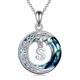 DAYLINLOVE Initial Chain Gifts 925 Sterling Silver Letter Necklaces Half Moon Star Pendant Circle Blue Crystal Jewellery Christmas Birthday Gifts for Her Mother Women, Sterling Silver, Not known.