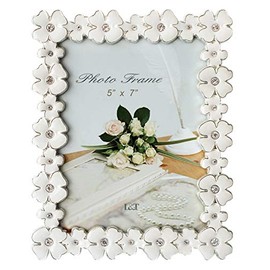 L&T Metal Picture Frame Silver Plated with White Enamel and Crystals, Lucky Clover Photo Frame 5x7 inch