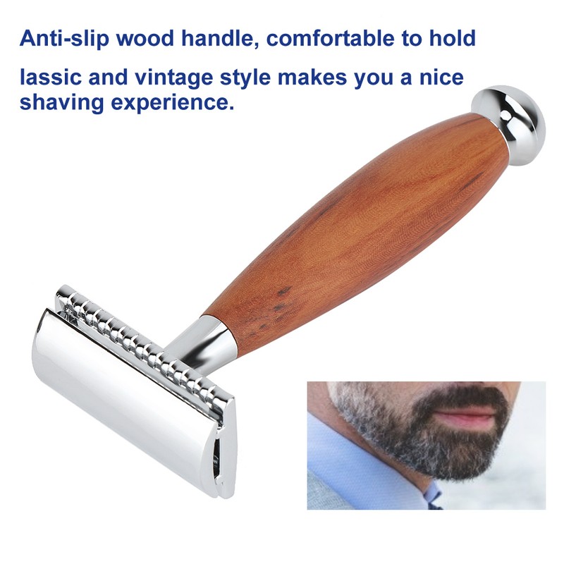 Men's Classic Double Blade Safety Shaving Razor Manual Wood Handle