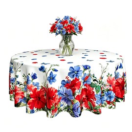 Xumuyin July 4th Round Tablecloth 60 Inch Watercolor Flowers Memorial Day Patriotic Table Cloth Waterproof Heat Resistant Reusab Independence Day Decorations for Holiday Kitchen Dinning Party Decor