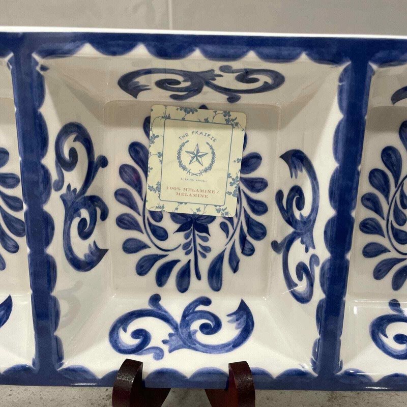 Artisan De Luxe BLUE ROSE SCROLL MELAMINE 3 Bowl DIVIDED