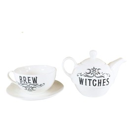 Ebros Wicca Occult Pentagram Crescent Moons Witches Brew Hex Ceramic Porcelain Stacking Tea Pot and Cup With Saucer Plate Set Serves 1 Person Home Decor Accent Teapot Sets
