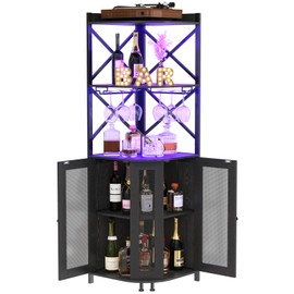 JKsmart Corner Bar Cabinet with LED Lights, 5-Tier Industrial Wine Bar Cabinet with Glass Holder, Farmhouse Liquor Cabinets with Shelf and Door, Home Bar for Coffee Bars, Black