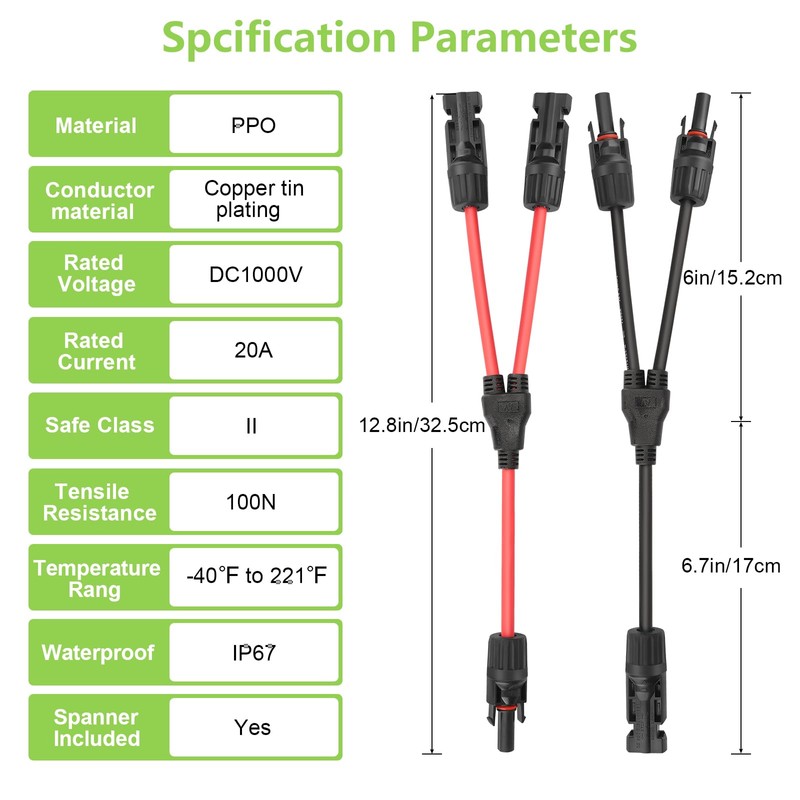 3 Pairs Solar Connectors 20A Y Branch Cable Parallel Adapter
