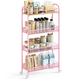 KINGRACK Metal Slim Rolling Cart,4-Tier Metal Utility Cart,Storage Cart with Wooden Tabletop, for Narrow Space on Laundry Bathroom Kitchen Room Bedroom Apartments Dormitory (Pure Pink, Slim)