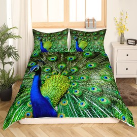 Peacock Duvet Cover Queen Size Green Cute Animal Pattern Bedding Set Peacock Feather Printed Decor Comforter Cover Set with Zipper Ties Adult Women Soft Quilt Set,1 Duvet Cover with 2 Pillow Cases