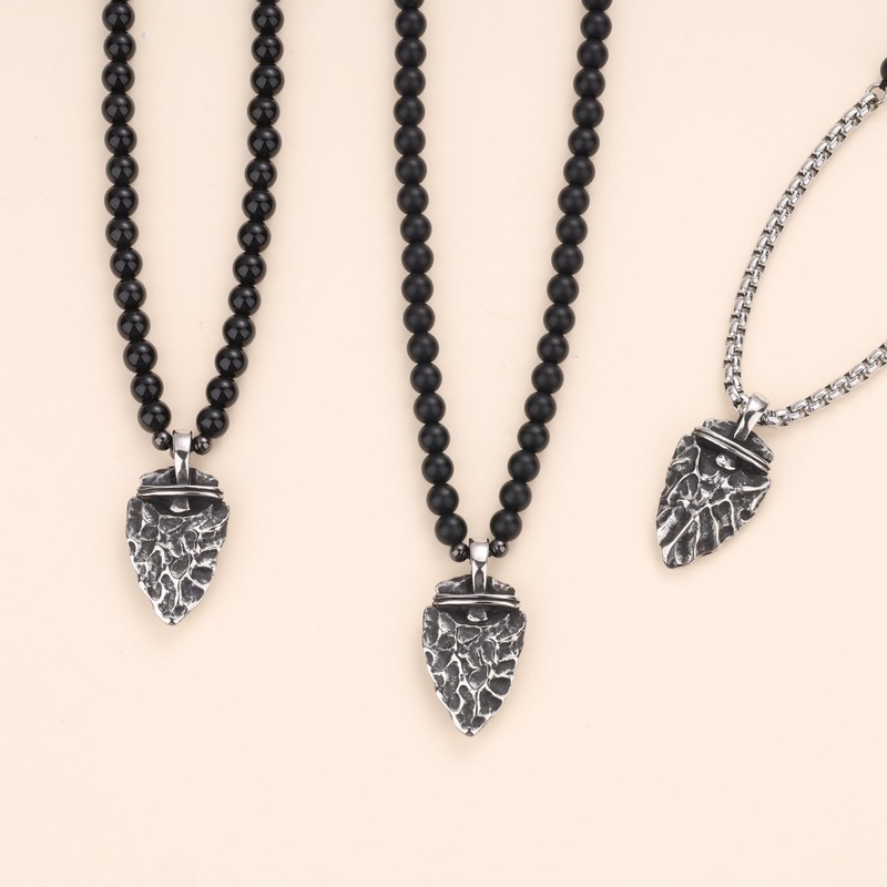COAI Men's Necklace with Retro Arrow Pendant, Obsidian, Obsidian