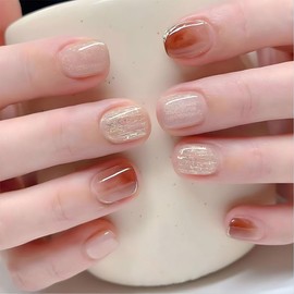 Press on Nails Short Square, 24Pcs Glossy Fake NailsGel Chrome Icy Caramel Glitter Full Cover Acrylic Nails Kits, False Nails Stick Glue on Nails Super Fit Natural Nails (Caramel Amber)