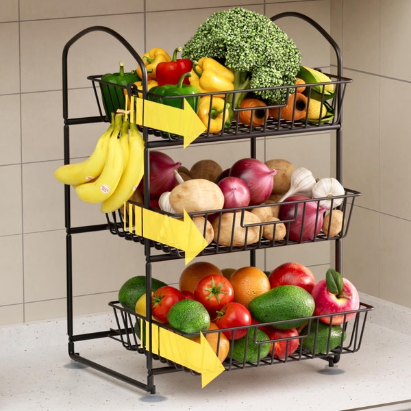 3 Tier Fruit Basket with 2 Banana Hangers, Detachable Countertop