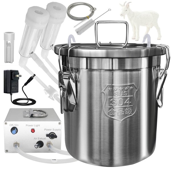 Hantop 12L Goat Milking Machine, Portable Plug-in Pulsating Vacuum Pump, Food Grade 304 Stainless Steel Milk Bucket with Auto Stop Check Valve and Teats Cups Cow Milker Machine (Classic Model)