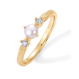 PAVOI 14K Yellow Gold Plated Pearl Hammered Ring for Women | Dainty Elegant Stackable Cubic Zirconia Thin Band for Women | Size 7