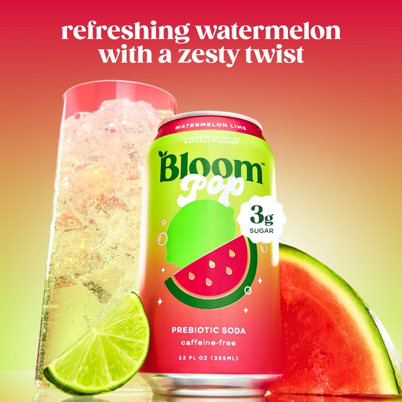Bloom Pop Prebiotic Soda 12 Pack, Watermelon Lime Flavor, 12oz