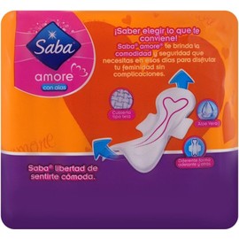Saba Toallas Sanitarias para Dama Amore Flujo Super Abundante, color Morado/Naranja