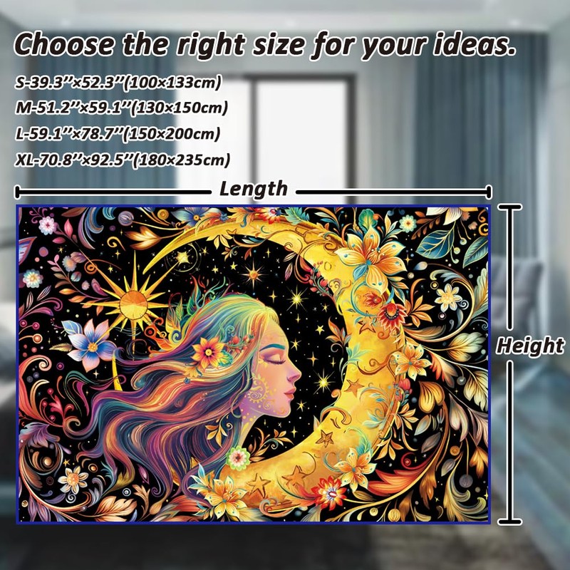 Serborlur Blacklight Sun and Moon Tapestry UV Reactive Psychedelic Floral
