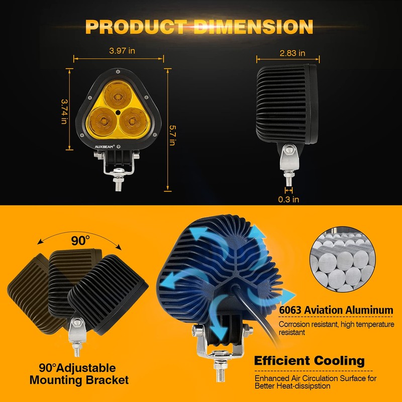 Auxbeam 4in 90W Led Amber Fog Light, Super Bright 9000LM