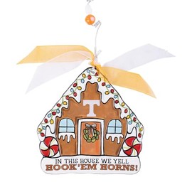 Glory Haus University of Texas in This House, We Yell Hook 'Em Horns! Collegiate Block Christmas Tree Ornament - Ceramic Hand-Painted Ready for Hanging Christmas Tree Decorations 5"x5" in Elegant Box