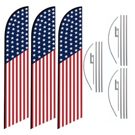 Pack of 3 - American Glory US Feather Flag Banner Swooper Advertising outdoor Sign with 15ft Flag Pole Kits and Ground Stakes (50 Stars on top - Patriotic theme)