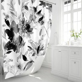MAYZUS MAYZUS Extra Long Shower Curtain 72 x 84 Inch, Tall Watercolor Floral Fabric Shower Curtain, Black and White Modern Abstract Flower Bathroom Shower Curtain Set with Hooks