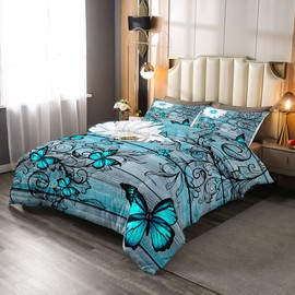 Butterfly Bedding Sets for Girls Teens Women Bedroom Rustic Flower Comforter Set,Blue Butterflies White Chic Floral Duvet Set Retro Vintage Romantic Style Quilt Set Twin Size Soft Lightweight
