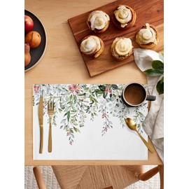 Green Eucalyptus Placemats Set of 6 Washable Flower Leaves Heat Resistant Non-Slip Linen Place Mats Kitchen Dining Table Floral Decor for Durable Table Mats - Sage Green (13"x 19")