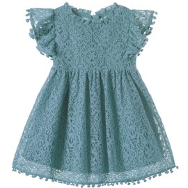 Niyage Toddler Girls Elegant Lace Pom Pom Flutter Sleeve Party Princess Dress Smoky Blue 100