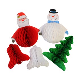 Bright Ideas Retro Christmas Hanging Honeycomb Decorations. PK05 Festive Shapes in 4 Assorted Designs. Santa, Snowman, Christmas Tree and Bells. BI2077.