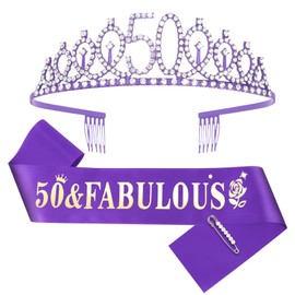 Purple 50th Birthday Sash and Tiara for Women, 50th Birthday Decorations Women, 50th Birthday Sash and Crown Set, 50th Birthday Gifts for Women, Happy 50th Birthday Party Supplies