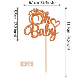 24 piezas de decoración de cupcakes de calabaza Oh para bebé con purpurina de corazón con temática de otoño para baby shower para otoño, Acción de Gracias, baby shower, niños, fiesta de cumpleaños, decoración de pasteles, color naranja