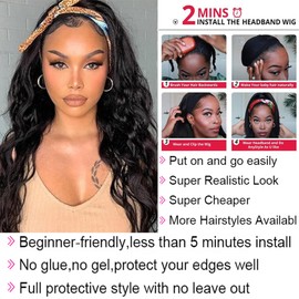 Headband Wig Human Hair 26 Inch Body Wave Headband Human Hair Wigs for Black Women Glueless None Lace Front Human Hair Wig Natural Color 150% Density