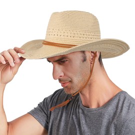 Wide Shapable Brim Straw Hat for Men Women, Chic Cowgirl Cowboy Floppy Sun Hats Anti-UV Sun Protection Panama Fedora Caps UPF 50+ Holiday Travel Beach Caps Headwear Topee