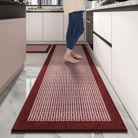 PADOOR Non Slip Kitchen Rugs Sets of 2 - Extra Large 2.5'x6' + 20"x32" Christmas Runner Rugs for Kitchen Floor Non Skid Washable, Absorbent Xmas Kitchen Mat for in Front of Sink 2 Piece Red