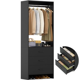 Aheaplus 2FT Closet System with 3 Drawers, 24’’ Closet Organizer, Wood Closet Organizer System, Walk-in Closet or Small Closets Wardrobe, Clothes Rack with Hanging Rods,-E7, Black