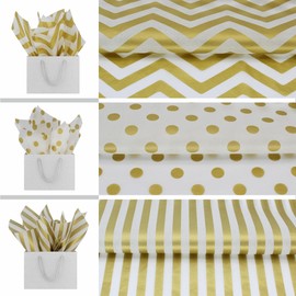 PMLAND Premium Gift Wrapping Tissue Paper - White Metallic Gold Dot Stripe Zigzag Multi - 20 x 14 Inches - 60 Sheets