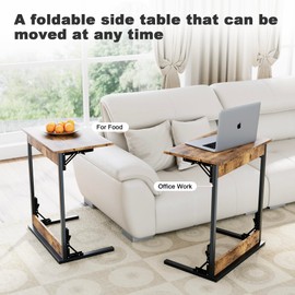 SUNBURY C Shaped End Table, TV Tray, No Assembly Required, Small Side Table for Couch and Bed, Foldable 27.5" Tall Couch Table for Small Spaces, Living Room and Bedroom, Rustic Brown