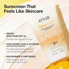 Anua, Protector solar hidratante Zero-Cast SPF 50, protector solar natural brillante para cara, sin yeso blanco, ácido hialurónico, niacinamida, sin a