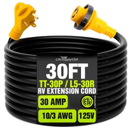 15ft RV Extension Cord 30 AMP (TT-30P/L5-30R) with Twist-Lock Connector and Easy Grip Handle - 10/3 AWG 125 Volt - Heavy Duty - ETL Listed, STW, by LifeSupplyUSA