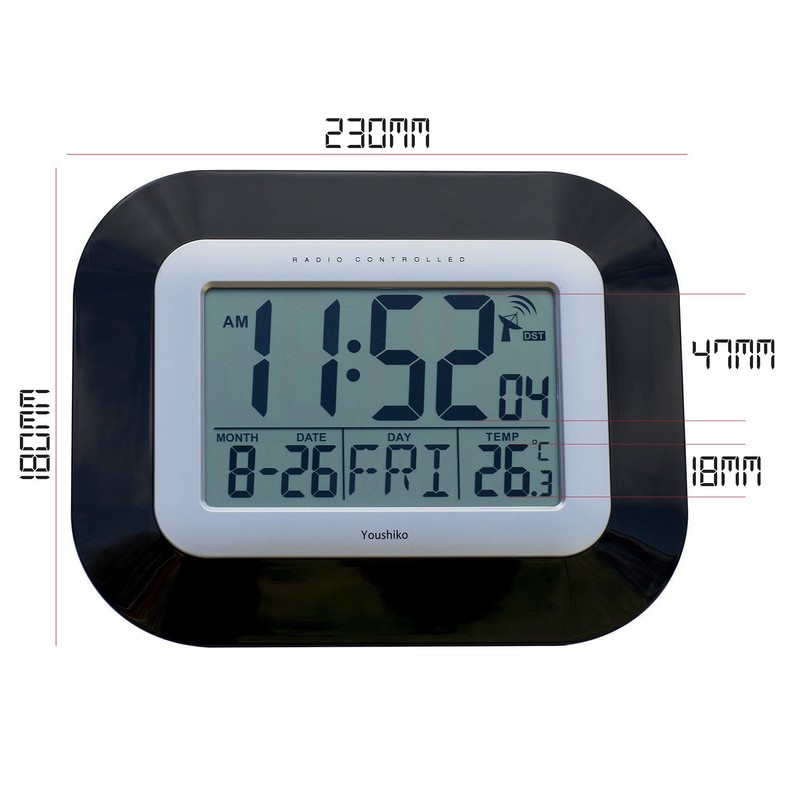 Youshiko Radio Controlled LCD Wall Mountable and Desk Clock (UK