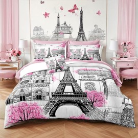 Bedbay 8 Pieces Pink Comforter Set Full Size Paris Bedroom Comforter Pink and Grey Comforter Set Full Bed in a Bag Eiffel Tower Beautiful Blossom Floral Paris Themed Bedroom Decor(Pink,Full)
