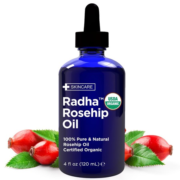 Radha Beauty 4 oz Organic Rosehip Seed Oil 100% Pure Cold Pressed - Great Carrier Oil for Moisturizing Face, Hair, Skin, & Nails, Hydrating and Nourishing