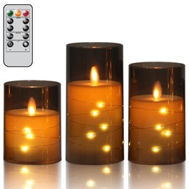 DRomance Black Glass Flameless Candles String Lights with Remote Timer Moving Wick Battery Operated LED Flickering Pillar Candles Plastic Dinner Wedding Christmas Holiday Decor D3 x H4, 5", 6"