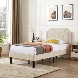 VECELO Twin Size Platform Bed Frame with Fabric Upholstered Headboard and Wooden Slats Support, No Box Spring Needed/Easy Assembly,Beige