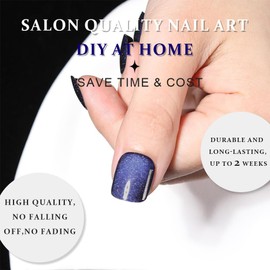 evpct Blue Cat Eye Extra Short Press on Nails Square, Petite Short Square Glue on Nails for Women Gift, Royal Blue Metallic Glitter Glossy Reusable Stick Gel Press on Acrylic Fake Nail with Designs