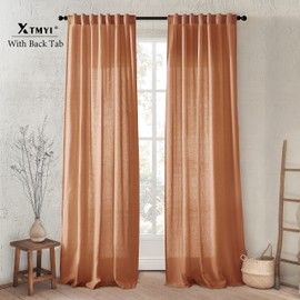 XTMYI Terracotta Rust Colored Sheer Curtain Panels for Bedroom,Fall Cozy Rustic Western Home Decor,Back Tab Hooks Pleated Linen Boho Burnt Orange Curtains for Living Room 2 Panels,84 Inches Long