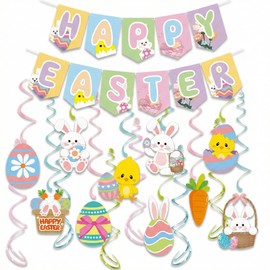 Easter Decorations Set - 18 Pcs Pre-strung Happy Easter Banners & Hanging Swirls, Pastel Bunny Chick Egg Party Supplies for Home Classroom Office, Easter Egg Hunt, Spring Brunch,No DIY Required