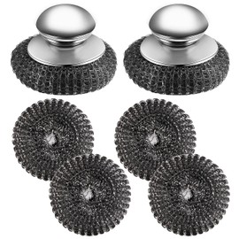 Ahardaim 2Pcs Stainless Steel Wool Scrubber with Handle, 4 Replacement Steel Scrubber Wool Pads，Stainless Steel Scrubber for Cleaning Cast Iron, Dishes, Kitchen Pots, Pans, Grills, Stoves, Sink